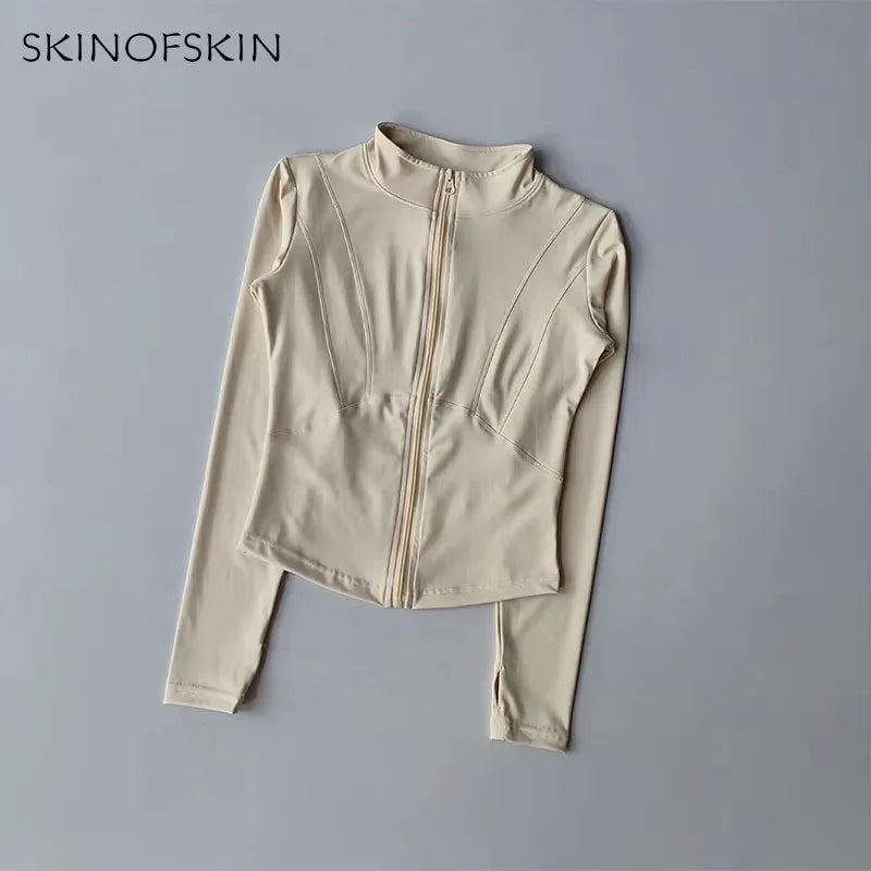 Outdoor Sports Long Sleeved Women Slim Yoga Clothes Quick Dry Zipper Cardigan Stand Up Collar Jacket Running Fitness Jacket Top