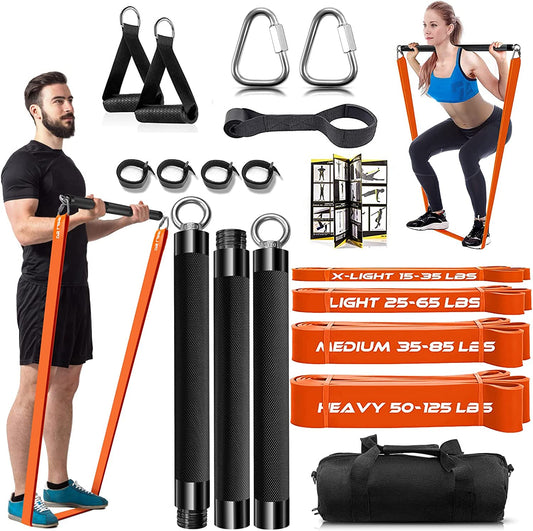 Band Bar Set Portable Full Body 500LBS Extra Heavy Home Gym with 4 Levels - Resistance Bands, 2 in 1 Adjustable Bar and Gym Bag